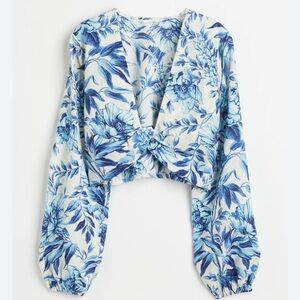 Blue Floral Linen Blend Crop Top
